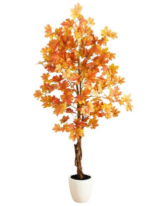 Nearly Natural 5ft Artificial Fall Double Trunk Maple Autumn Tree In Decorative White Planter