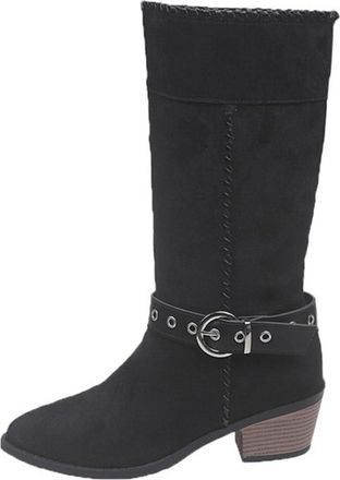 Generic Womens Mid Calf Boots Casual Wide Calf Western Booties Solid Color Pointed Toe Stylish Chunky Heel Buckle Comfy Classic Cowboy Boots Work Leisure