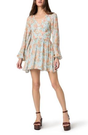 Paige Summerland Long Sleeve Floral Print Silk Minidress in Surf Multi at Nordstrom, Size 14