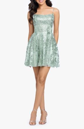 Blondie Nites Glitter Lace Back Sleeveless Minidress in Sage at Nordstrom, Size 15