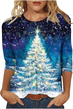 Generic Christmas Top for Women 3/4 Sleeve Novelty Funny Christmas Sweatshirt Xmas Tree Print Sweatshirt Casual Tunic Tops Holiday Round Neck Long Sleeve Tops