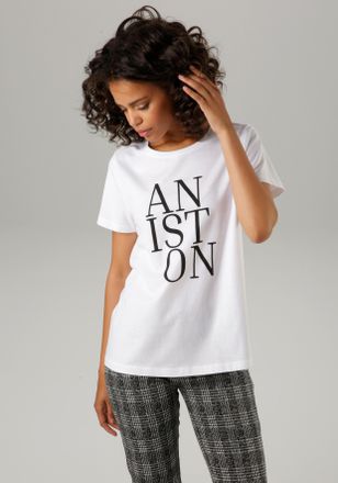 Aniston T-Shirt ANISTON CASUAL, Damen, Gr. 36, schwarz-weiss (wei&szlig;, schwarz), Single Jersey, Obermaterial: 100% Baumwolle, bedruckt, unifarben mit Farbeinsatz