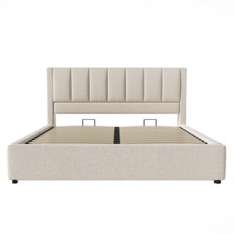 Urban Meuble Cama de matrimonio 160x200 con almacenaje y puerto USB, tela beige