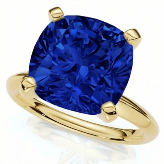 Pompeii3 9 1/2Ct Cushion Blue Sapphire Solitaire Ring 14k Gold Lab Grown 12MM