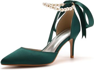 Generic Pearl Ankle Straps Pumps for Womens Satin Kitten Heel Pumps Pointed Closed Toe Stiletto high Heel Bow Tie Hollow Wedding Bridal Dress Shoes,Green,11 U