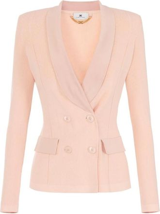 Elisabetta Franchi Gebreid Jasje met Glanzende Viscose Details - Dames - Blazers - Beige - L - Leer - Jassen