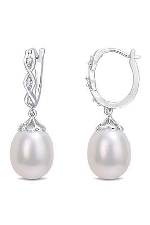 Delmar Sterling Silver 8-8.5mm Cultured Freshwater Pearl & Diamond Drop Huggie Hoop Earrings - 0.02ct. in White at Nordstrom Rack