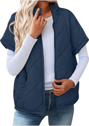 Generic Womens Quilted Gilet Outerwear Puffer Vest Short Sleeve Zip Up Lightweight Jacket Elegant Stand Collar Quilted Jackets Warm Winter Casual Coat Warmer 