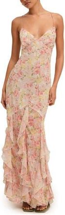 For Love & Lemons Elea Floral Ruffle Open Back Maxi Cocktail Dress in Peach at Nordstrom Rack, Size X-Large