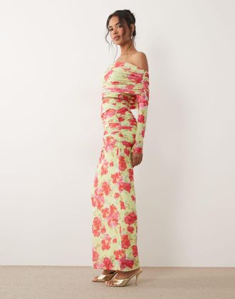 AFRM Bevin - Gonna lunga a vita alta in rete color lime e rosa a fiori con vita alta elasticizzata in coordinato-Multi