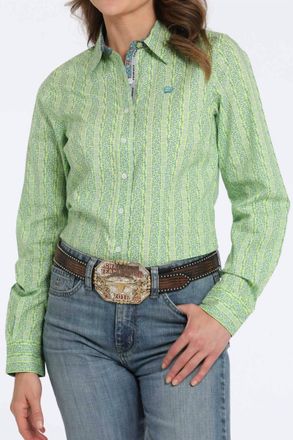 Cinch Geometric Print Button-Down Western Shirt In Lime