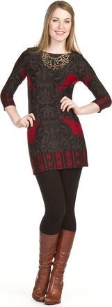 Papillon Damask Print 3/4 Sleeve Sweater Dress In Black