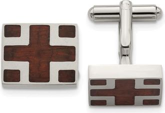 Diamond2Deal Stainless Steel Polished with Cherry Wood Inlay Cross Design Square Cufflinks