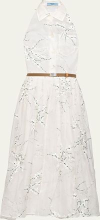 Prada Floral Embroidered Organza Fit-Flare Midi Dress