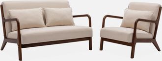Sweeek Banco De 2 Plazas + Sill&oacute;n De Tela Beige, Madera De Hevea Te&ntilde;ida Madera Oscura
