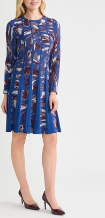 Misook Long Sleeve Jacquard Fit & Flare Dress in Lazuli Blue/sangria/pearl Gry at Nordstrom, Size Xx-Large