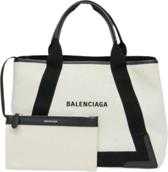 Balenciaga Pre-owned Navy Cabas Tote Bag - Dames - Vintage Shopper - Wit - ONE Size - Leer - Vintage