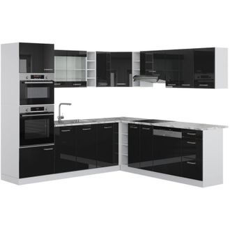 Vicco Cocina Esquinera R-line, Negro Brillo Intenso, 237 X 60 Cm, Et M&aacute;rmol
