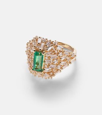 Suzanne Kalan One Of A Kind 18kt gold ring with diamonds and emerald