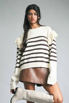 Wishlist Cutest Detail Ruffle Sweater In Cream/cocoa - Hoc Spring