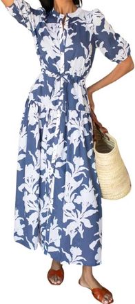 Emerson Fry Lucy 4 Basque Dress In Blue Indigo + Ivory Orchid Organic