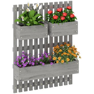 OUTSUNNY Wooden Garden Planters With Trellis Wall-mounted Raised Garden Bed - Grey | TJ Hughes
