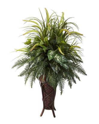 Nearly Natural Mixed Greens & Cattails With Stand Planter