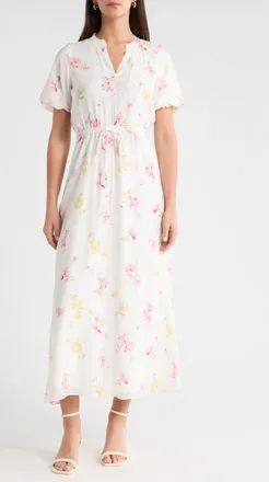 Vince Camuto Floral Split Neck Maxi Dress in Lemon Cream at Nordstrom, Size Xx-Large