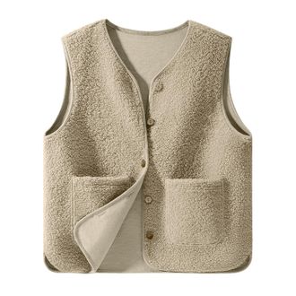 Generic Teddy Fleece Gilet - Sleeveless V-neck Button Down Vest, Sherpa Fluffy Waistcoat, Bodywarmers, Cozy Solid Color Lightweight Jacket with Pockets, Ladie