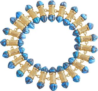LuvMyJewelry Twisted Rays Design Turquoise Gemstone Yellow Gold Plated Silver Women Bracelet