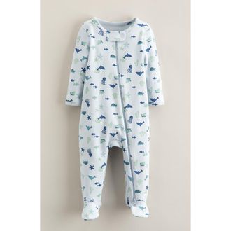 Nordstrom Print Zip Cotton Footie in Blue Illusion Marine Animals at Nordstrom, Size Newborn