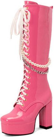 Generic Womens Lace Up Knee High Boots with Side Zipper Patent Leather Long Boots with Pearl Chunky Heel Platform Knight Boot,Pink,2.5 UK