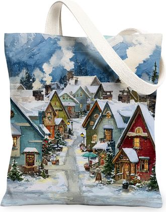 Generic Winter Village Canvas Tote Bags, Rustic House Scene Reusable Grocery Bags, Holiday Vintage Art Lightweight Washable Shoulde, Multi-color, 13x15 Inch