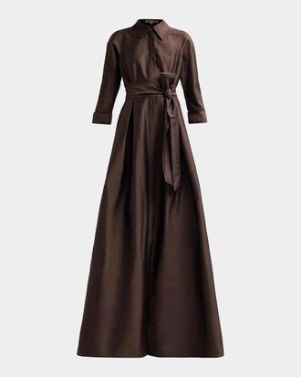 Teri Jon 3/4-Sleeve Taffeta Shirtdress Gown
