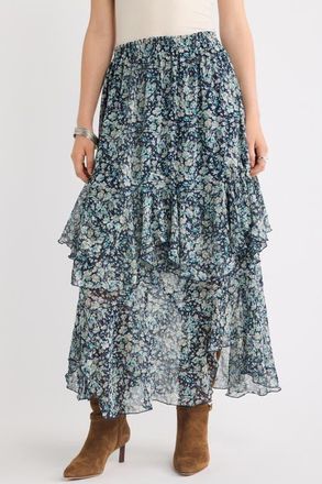 Treasure & Bond Tiered Chiffon Maxi Skirt in Navy Warped Floral at Nordstrom, Size Xx-Small