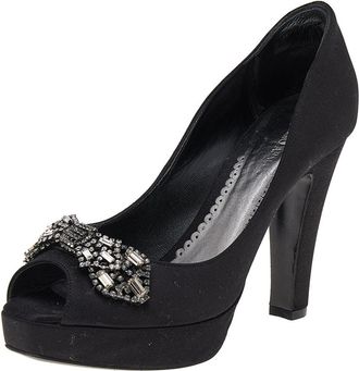 Giorgio Armani Black Satin Crystal Embellished Peep Toe Platform Pumps