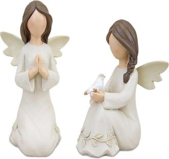 Melrose International Set Of 2 Beige Angel Figurine With Raised Floral Accent