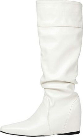 Generic Womens Fashion Slouch Knee High Boots Square Toe Hidden Wedge Heel Dressy Winter Versatile Shoes (White,7.5)