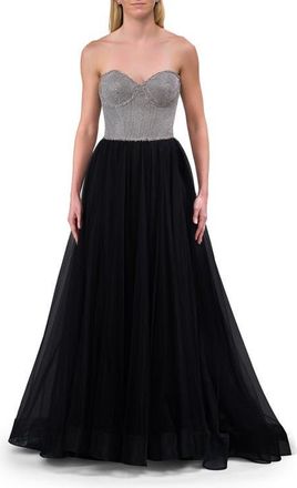 La Femme Unique Rhinestone Top with Tulle Skirt Prom Dress in Black at Nordstrom, Size 10