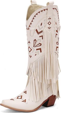 Generic Womens Square Pointy Toe Knee High Boots Block Heel Tassel Boots Pull on Long Boot with Embroidery Stitched,White,5.5 UK