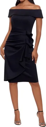 Xscape Knee Length Off-The-Shoulder Scuba Side Ruched Dress In Black