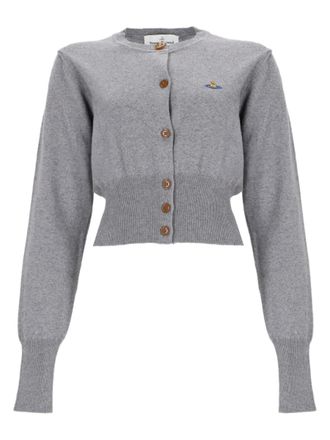 Vivienne Westwood Cropped Grey Cardigan With Ribbed Cuffs And Embroidered Emblem