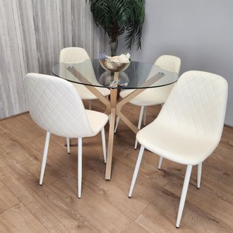 Kosy Koala Round Glass Dining Table Set With 4 Cream Gem Pattern Chairs Dining Room Furniture in Clear