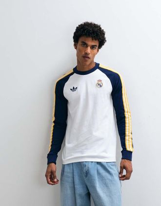 adidas Real Madrid Originals - T-shirt a maniche lunghe bianca e blu scuro-Bianco