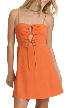 Billabong Lima Ruched Smocked Cotton & Linen Mini Sundress in Saffron at Nordstrom, Size X-Large