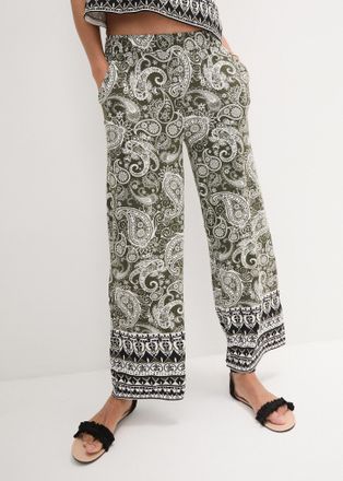 Bonprix Palazzohose BONPRIX, Damen, Gr. 52/54 (XXL), N-Gr, gr&uuml;n (dunkeloliv paisley), Web, Obermaterial: 95% Viskose, 5% Elasthan, bedruckt, gemustert, loose 