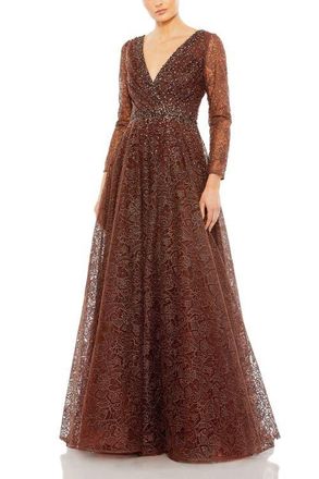 Mac Duggal Embellished Illusion Long Sleeve V Neck Gown in Chocolate at Nordstrom, Size 20