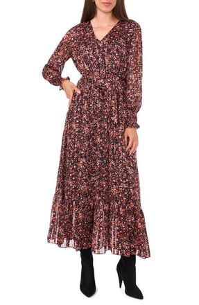 Vince Camuto Metallic Stripe Floral Long Sleeve Maxi Dress in Rich Black at Nordstrom, Size Xx-Large