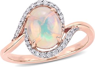 Mimi & Max 1 CT TGW Ethiopian Blue Opal and 1/7 CT TW Diamond Oval Halo Twist Ring in 10K Rose Gold