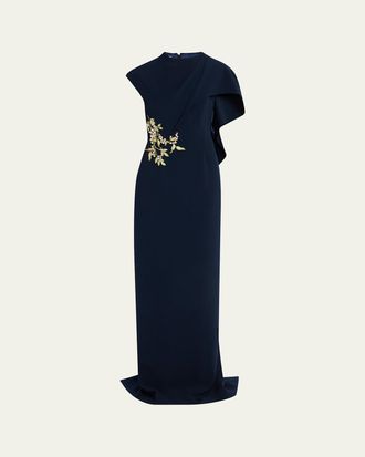 Teri Jon Floral-Embroidered Asymmetric Capelet Gown